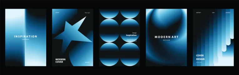Modern blue abstract cover templates set. Vector vertical poster, brochure and invitation layouts with glowing gradients, geometric star, circles and layered shapes © TWINS DESIGN STUDIO