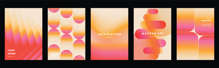 Obraz na płótnie Canvas Warm gradient abstract cover templates set. Vector vertical poster and brochure layouts with pink orange geometric waves, circles and soft cream background