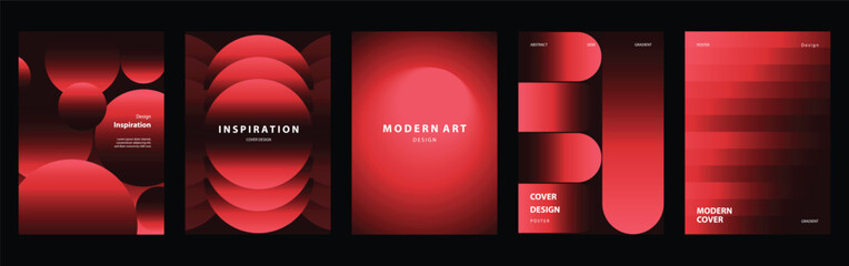 Obraz na płótnie Canvas Red and black abstract cover templates set. Vector vertical poster and brochure layouts with bold gradient circles, curves and geometric shapes