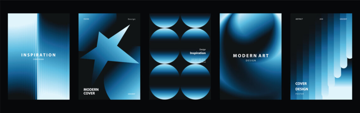 Modern blue abstract cover templates set. Vector vertical poster, brochure and invitation layouts with glowing gradients, geometric star, circles and layered shapes