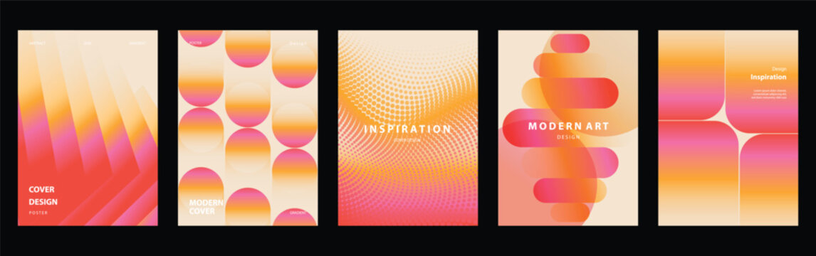 Warm gradient abstract cover templates set. Vector vertical poster and brochure layouts with pink orange geometric waves, circles and soft cream background