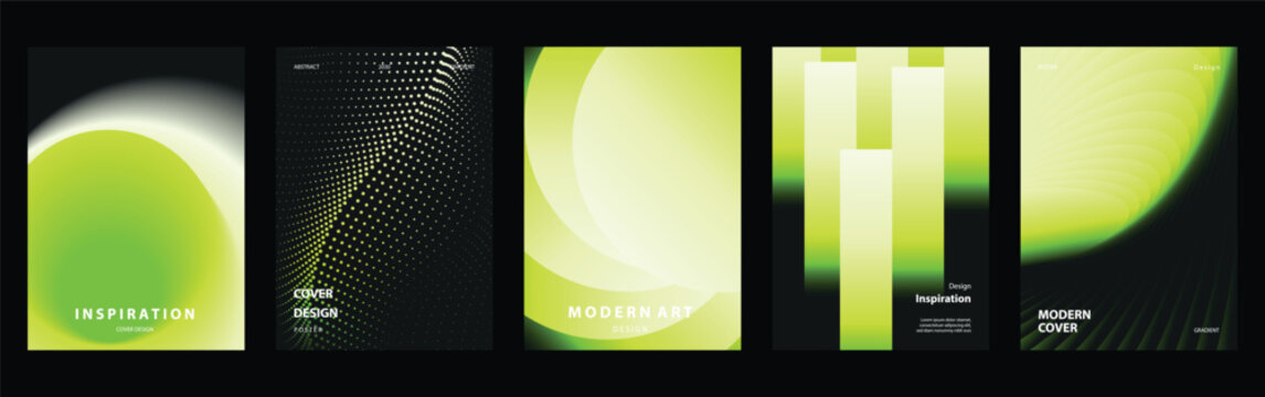 Lime green and black abstract cover templates set. Vector vertical poster and brochure layouts with flowing curves, halftone texture and geometric forms