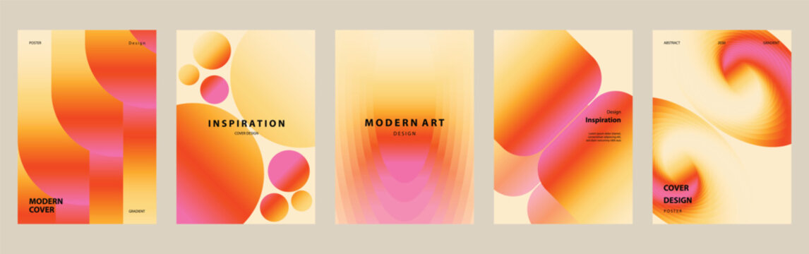 Modern abstract cover templates set. Vector vertical poster, brochure and invitation layouts with orange pink gradient geometric shapes on cream background