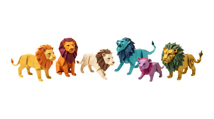 Obraz premium Group of colorful paper craft lion figures isolated on white background