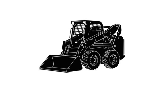 Black silhouette illustration of a compact skid-steer loader with a front bucket, used for construction and landscaping.