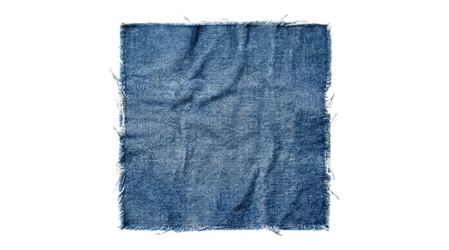 Square piece of rough blue denim fabric with frayed edges featuring a wrinkled texture and vintage worn wash on transparent background