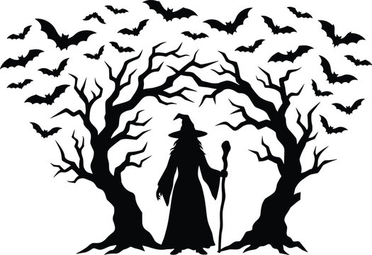 PrintSilhouette of wizard with staff and bats between twisted trees in mystical Halloween scene
