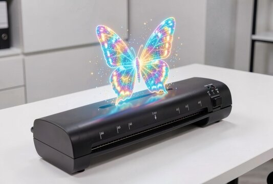 A glowing holographic butterfly emerges from a black office laminator