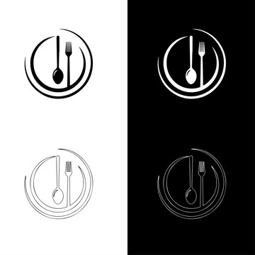 Restaurant spoon and fork logo set in solid and line art.