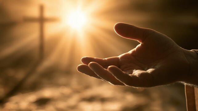 Divine hand of god offers hope with christ's cross in background for spiritual inspiration and faith