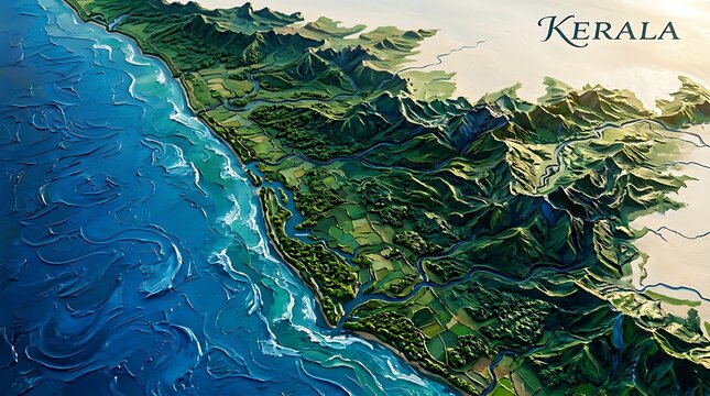 Detailed kerala map 3d illustration of green hills and blue sea