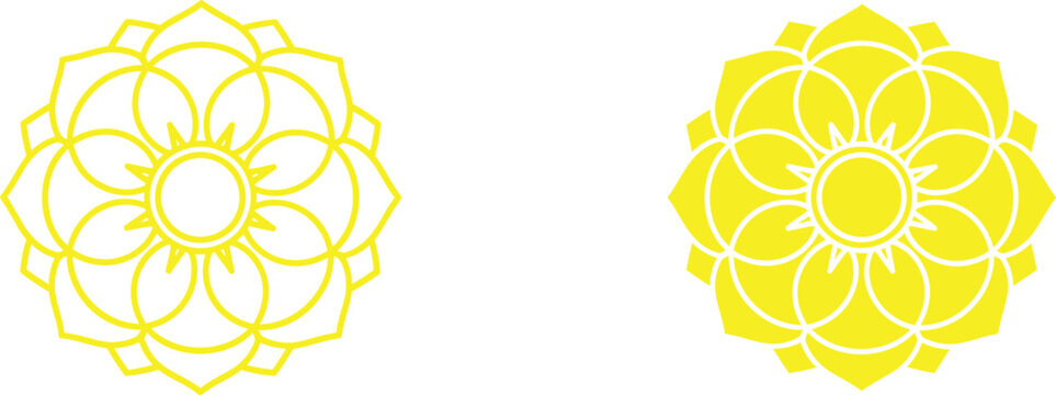 Two symmetrical yellow mandala floral patterns isolated on a white background