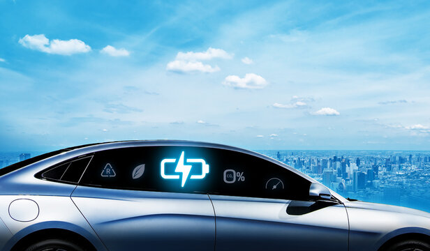 Concept of Power cable pump plug in charging power to electric vehicle EV car with icon save the world.