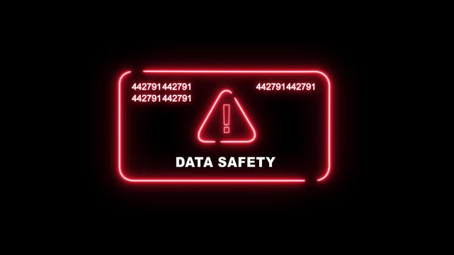 Neon red data safety warning sign with digital code sequences and alert symbol for cybersecurity protection, privacy breach notification, and secure information technology systems concept background