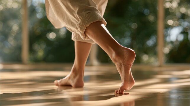 Barefoot female dancer gracefully walks on wooden floor in a sunlit room with soft shadows and greenery visible through large windows