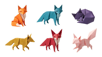Fototapeta premium Set of colorful origami paper foxes isolated on a white background