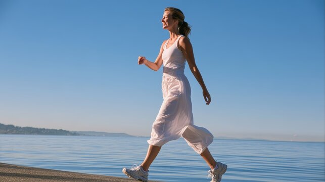 Caucasian female walking along a waterfront promenade in a white dress and sneakers, with calm water and clear blue sky in the background