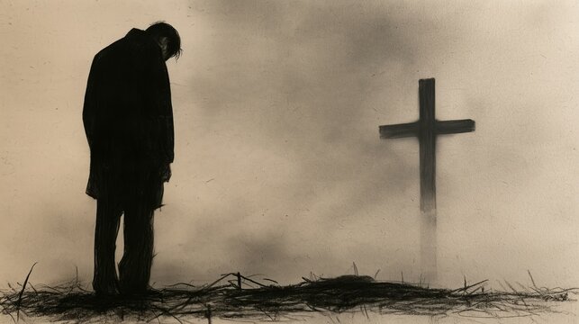 Man standing near a cross with a somber expression in a foggy setting during dusk