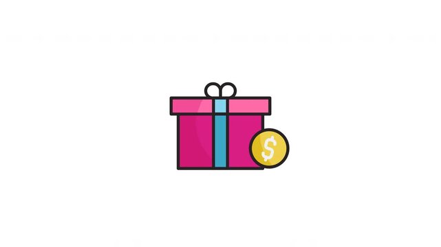 Pink gift box with blue ribbon, yellow coin, dollar sign financial incentive icon. Suitable for finance, gifting, rewards, celebrations concepts.