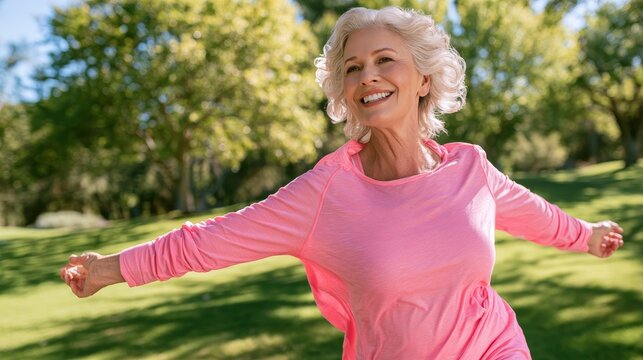 Senior woman with gray hair wearing a pink long-sleeve shirt joyfully spreads her arms while running through a green park with trees in the background