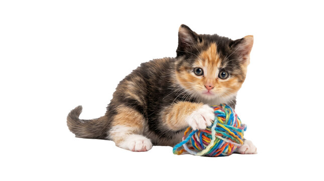 Playful calico kitten batting colorful yarn ball.