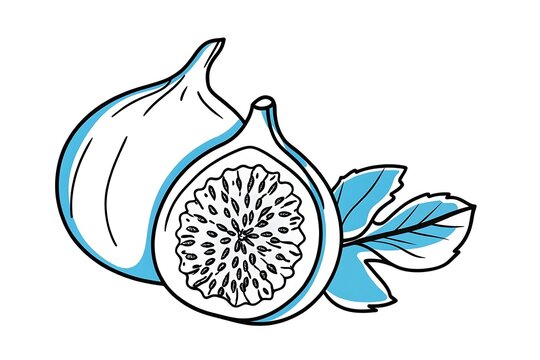 Whole and sliced fig fruit with leaf illustration