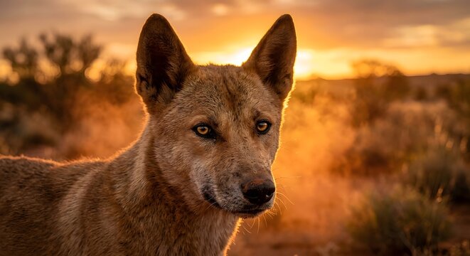a dingo's face in golden outback dust at sunset