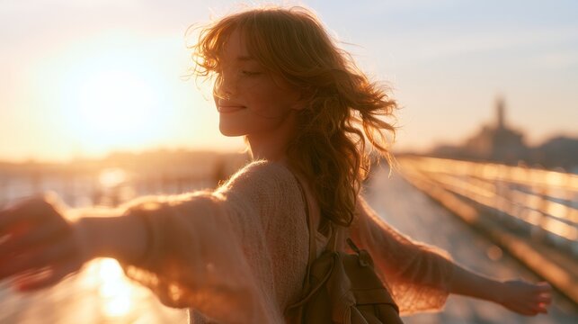 Young woman with wavy hair stands on a pier, arms outstretched, enjoying the sunset with a city skyline visible in the background