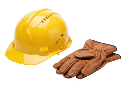 Yellow hard hat and brown leather gloves isolated on transparent background