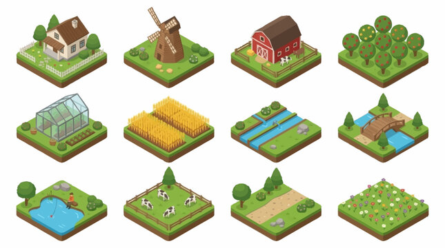 Isometric Farming and Rural Landscape Icons Set.
