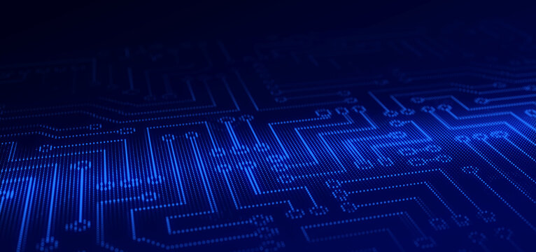 Blue digital circuit board background with glowing electronic traces, futuristic technology and cyber network concept.