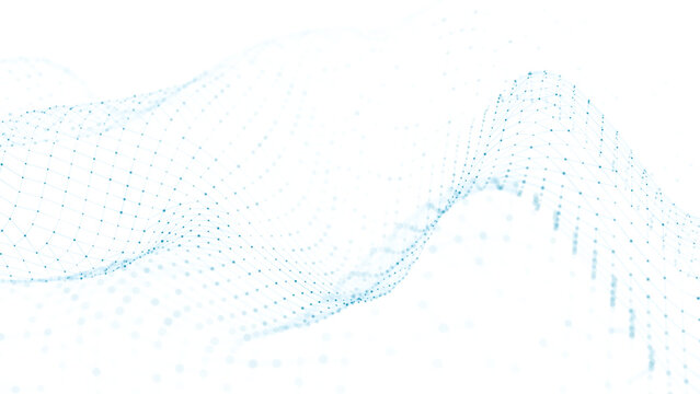 Abstract blue digital wave mesh with connected dots and lines on white background.