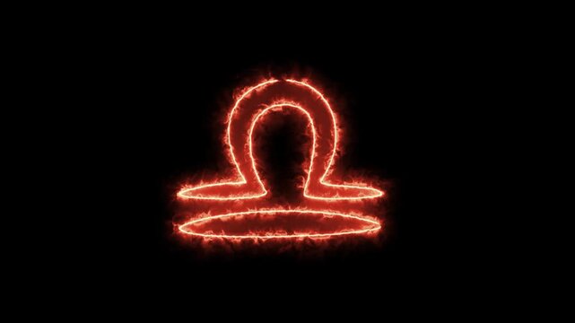 Libra Zodiac sign on fire animation on a black background. burning in a flame. Astrology icon. Zodiac signs on a colored background with stars 4k video