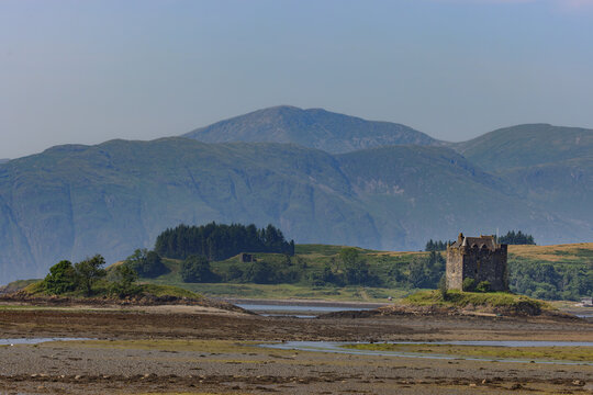 Castle Stalker, an old tower house on a small islet in Loch Laich near Port Appin, Scotland.