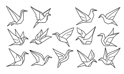 Fototapeta premium Origami paper birds flying animal line art vector icons set