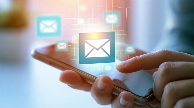 Smartphone Email Screen with AI Reply Suggestions, Communication Automation Concept