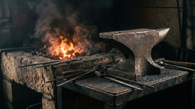 Old metal anvil with tongs on workbench beside glowing coal forge fire. Blacksmith workshop filled with smoke and heat. Traditional craftsmanship and metalworking trade concept.