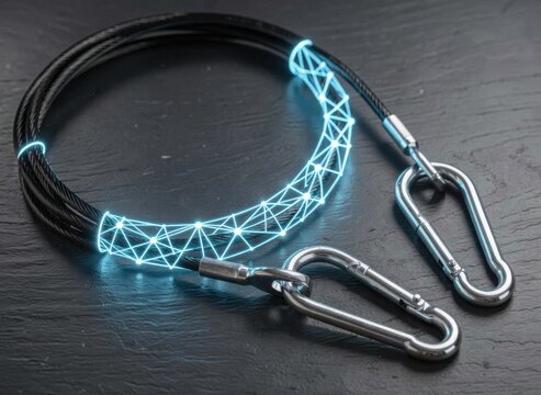 Coiled wire cable with glowing digital network