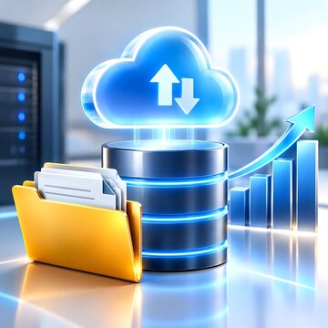 Cloud computing technology concept with database storage, yellow file folder, and rising blue business growth graph in blurred data center background.