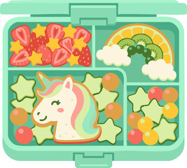 Naklejka premium A cute bento box filled with healthy snacks shaped like stars and a unicorn.