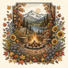 Fototapeta premium A glowing campfire surrounded by detailed wildflowers and forest plants, soft natural palette, hand-drawn vintage botanical engraving style, t-shirt print