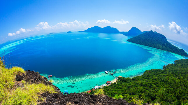Scenic panoramic top view of Tun Sakaran Marine Park tropical island Semporna, Sabah.