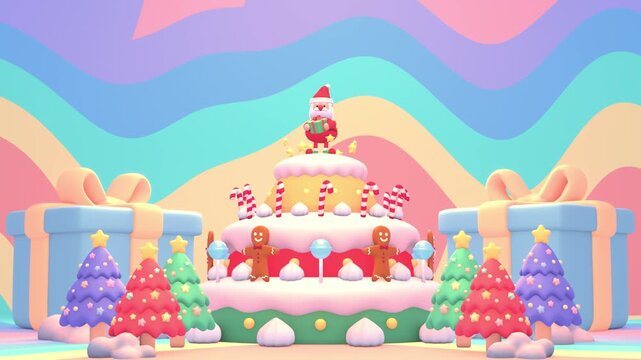 Cartoon big Christmas cake with a cute dancing Santa Claus holding a Christmas gift, candy canes, gingerbread men, lollipops, and melted cream animation. (Loop)
