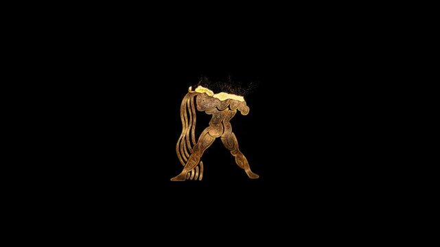 Gold Aquarius zodiac symbol with gold particles, transparent background