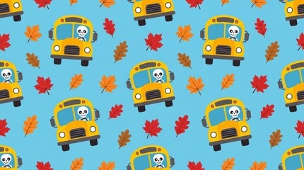 Fototapeta premium Halloween seamless pattern with skeletons driving school buses and autumn leaves