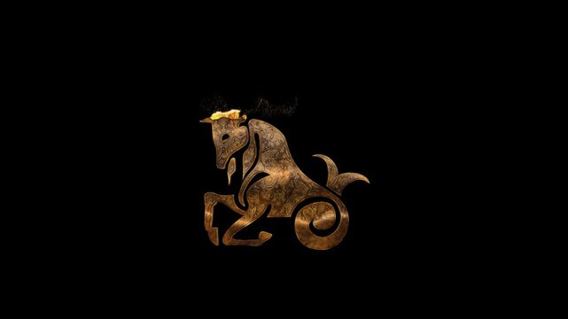 Gold Capricorn zodiac symbol with gold particles, transparent background