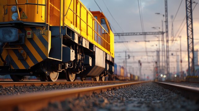 Bright Yellow Locomotive Engine on Railway Tracks at Dusk