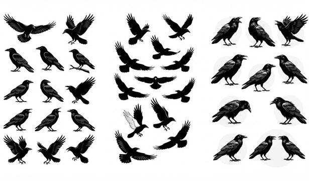 Raven and Crow Different Poses Black White Vector Set