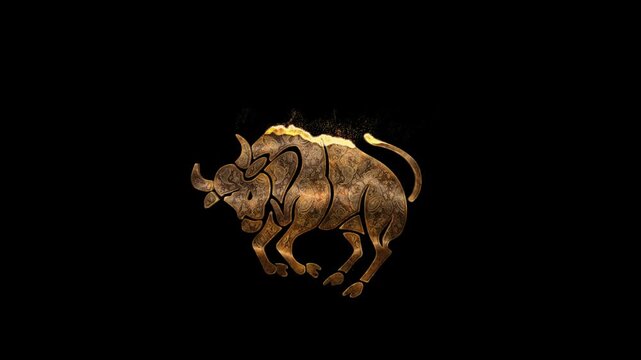 Gold Taurus zodiac sign with gold particles, transparent background
