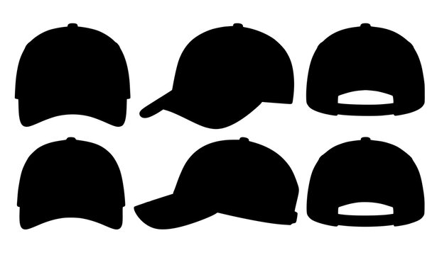 Realistic Black Baseball Cap Blank Mockup Six Panel Hat Vector Set
